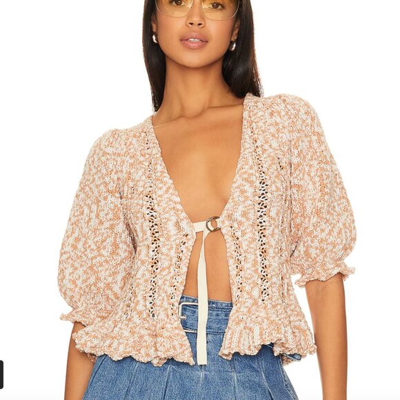 Free People Yesterday Cardi Cardigan Knit Cropped Sweater Toast Beige Size XS - Picture 1 of 12